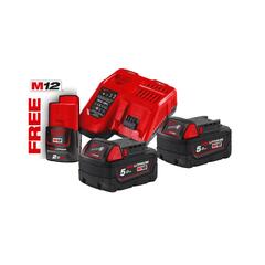Milwaukee batterisett + lader, M18 5,0 M18 NRG-502